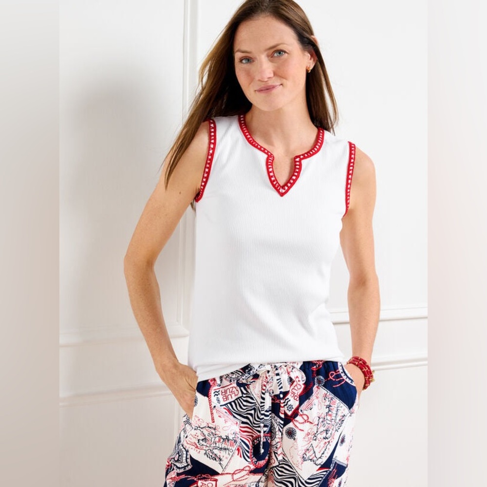 Talbots EMBROIDERED SPLIT NECK SHELL‎ Large